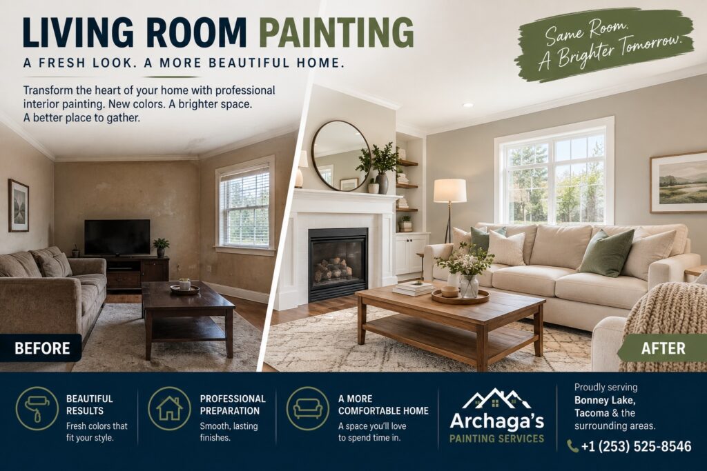 Transform your living room with professional painting in Bonney Lake. Fresh colors, careful preparation, and quality finishes for a beautiful, comfortable home.