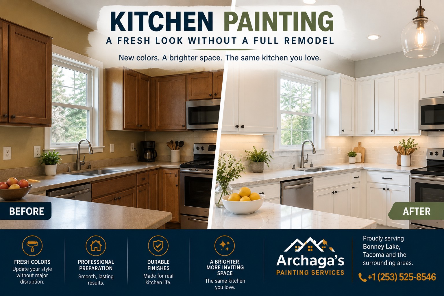 Refresh your kitchen without a full remodel. Professional kitchen painting in Bonney Lake with careful preparation, quality finishes, and beautiful results.