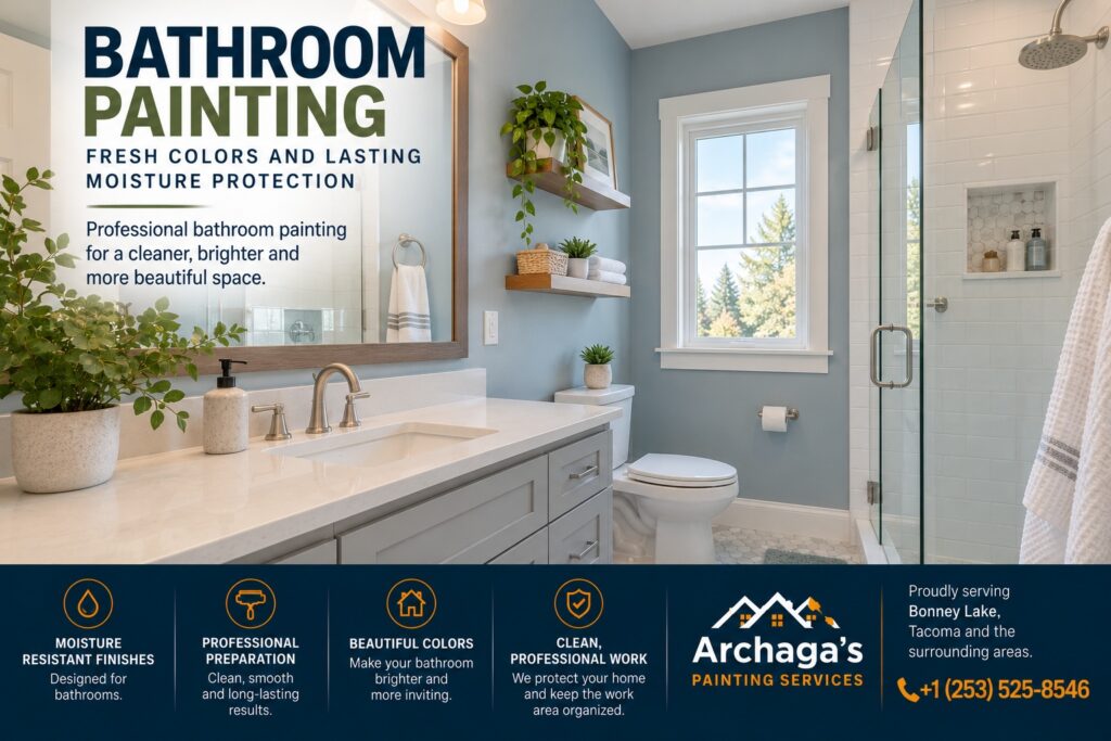Refresh your bathroom with professional painting in Bonney Lake. Moisture-resistant finishes, expert preparation, and beautiful, long-lasting results.