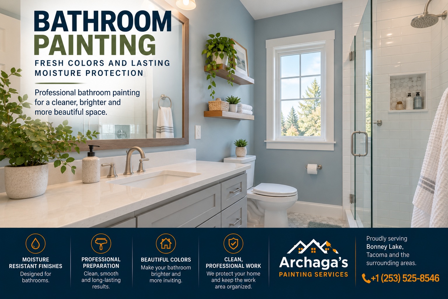 Refresh your bathroom with professional painting in Bonney Lake. Moisture-resistant finishes, expert preparation, and beautiful, long-lasting results.